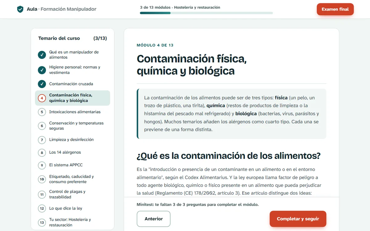 El aula del curso: la lista de los 13 módulos con los completados marcados y un módulo abierto