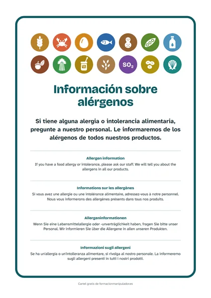 Cartel de aviso de alérgenos: 5 idiomas: es, en, fr, de, it